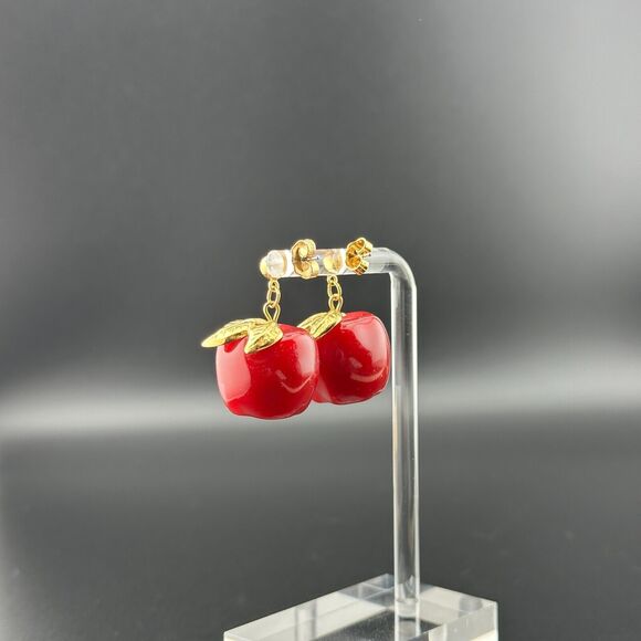 Vintage Avon Gold Tone & Red Light Pink Swirl Lucite Apple Dangle Earrings 1 in - Picture 12 of 12